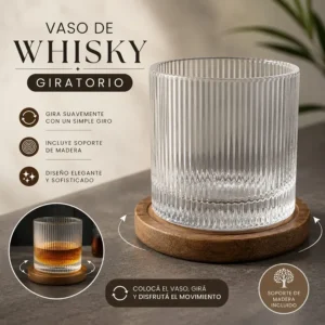 Vaso De Whisky Giratorio Con Base De Madera Y Borde Dorado