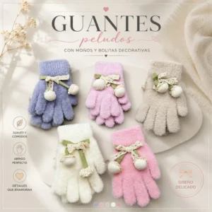 Guantes peludos con moños y bolitas decorativas