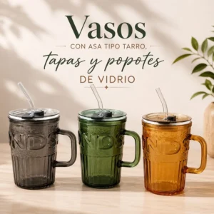 Vaso de Vidrio con Asa Tipo Tarro, Tapa y Popote