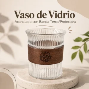 Vaso de Vidrio Acanalado con Banda de Madera