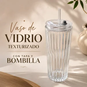 Vaso de Vidrio Acanalado con Tapa y Bombilla