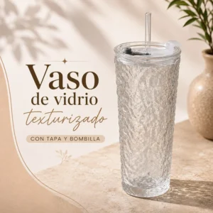 Vaso de Vidrio Texturizado con Tapa y Bombilla