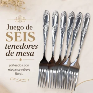 Juego de Seis Tenedores de Mesa Plateados con Relieve Floral