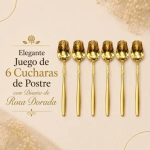 Elegante Juego de 6 Cucharas de Postre con Diseño de Rosa Dorada