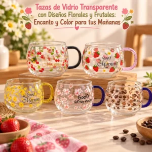 Taza de Vidrio Transparente con Diseños Florales y Frutales