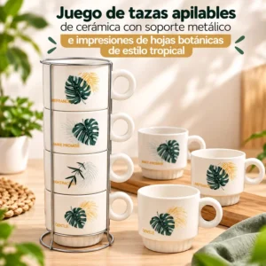 Set de Tazas Apilables Hojas Tropicales con Soporte Metálico
