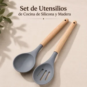 Set de Utensilios de Cocina de Silicona y Madera Gris