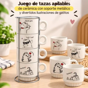 Set de Tazas Apilables Gatitos con Soporte Metálico