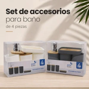 Set de Accesorios para Baño de 4 Piezas con Tapa de Bambú