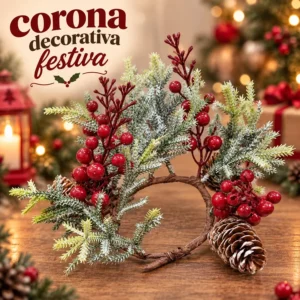 Corona Decorativa Festiva con Acebo y Piñas