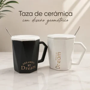 Taza de Cerámica Geométrica Dreaming My Dream con Tapa y Cuchara