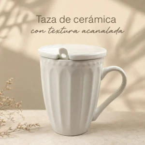 Taza de Cerámica Acanalada con Tapa y Cucharita