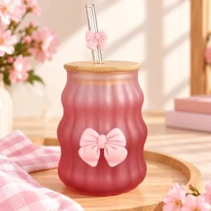 Vaso Esmerilado Ondulado Rojo con Lazo Rosa