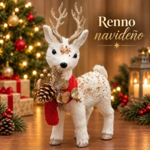 Reno Navideño Blanco con Bufanda Roja y Piña Dorada