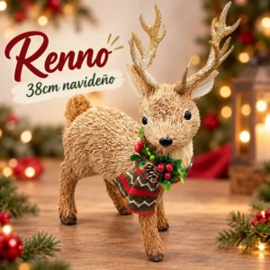 Reno Navideño Dorado 38cm con Bufanda y Acebo