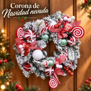 Corona de Navidad Nevada con Bastones de Caramelo
