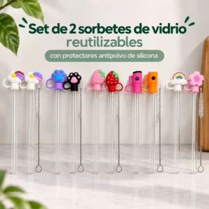 Set de 2 Sorbetes de Vidrio Reutilizables con Protector Antipolvo