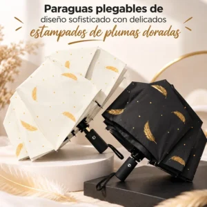 Paraguas Plegable con Estampado de Plumas Doradas