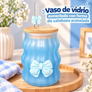 Vaso de Vidrio Esmerilado Forma de Calabaza Acanalada Azul
