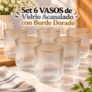 Set de 6 Vasos de Vidrio Acanalado con Borde Dorado