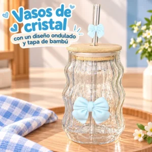 Vaso de Cristal Diseño Ondulado con Lazo Celeste
