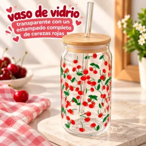 Vaso de Vidrio con Estampado de Cerezas Rojas