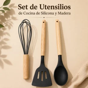 Set de Utensilios de Cocina de Silicona y Madera Negro