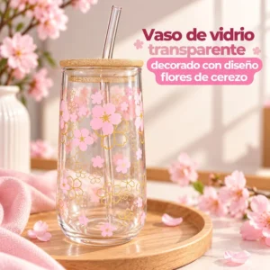 Vaso de Vidrio Transparente con Diseño de Flores de Cerezo