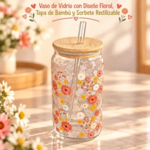 Vaso de Vidrio con Diseño Floral Tapa de Bambú y Sorbete