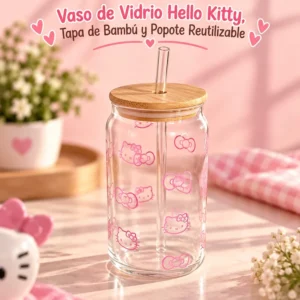 Vaso de Vidrio Hello Kitty con Tapa de Bambú y Popote
