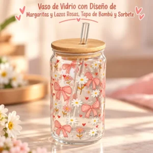 Vaso de Vidrio con Diseño de Margaritas y Lazos Rosas