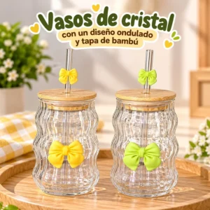 Vaso de Cristal Diseño Ondulado con Lazo Amarillo y Verde