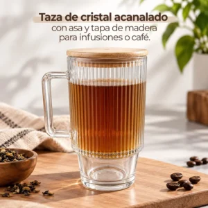 Taza de Cristal Acanalado con Asa y Tapa de Madera