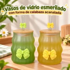 Vaso de Vidrio Esmerilado Forma de Calabaza Acanalada Verde y Amarillo