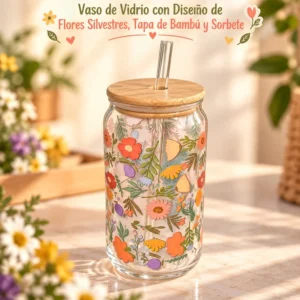 Vaso de Vidrio con Diseño de Flores Silvestres Tapa de Bambú y Sorbete