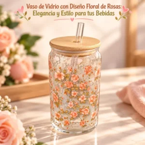 Vaso de Vidrio con Diseño Floral de Rosas Tapa de Bambú