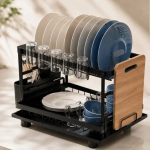 Escurridor de Platos 2 Niveles con Porta Tabla de Madera