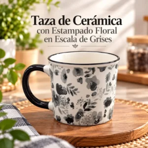 Taza de Cerámica con Estampado Floral en Escala de Grises