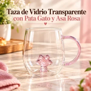 Taza de Vidrio Transparente con Pata de Gato y Asa Rosa