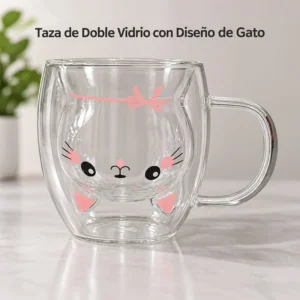 Taza de Doble Vidrio con Diseño de Gato