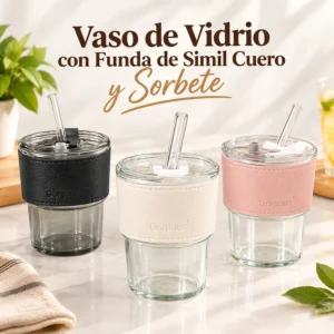 Vaso de Vidrio con Funda de Simil Cuero y Sorbete