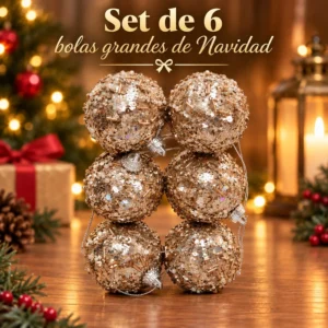 Set de 6 Bolas Grandes de Navidad con Lentejuelas Doradas