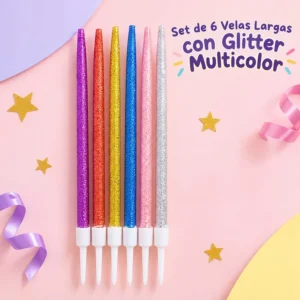 Set de 6 Velas Largas con Glitter Multicolor