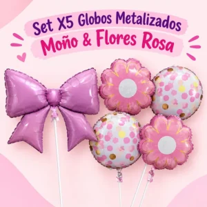 Set x5 Globos Metalizados Moño y Flores Rosa