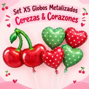Set x5 Globos Metalizados Cerezas y Corazones