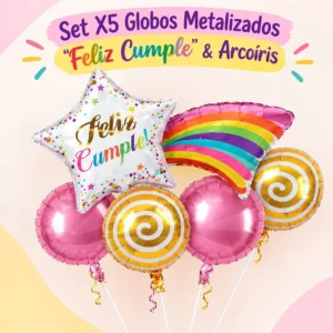 Set x5 Globos Metalizados Feliz Cumple y Arcoíris