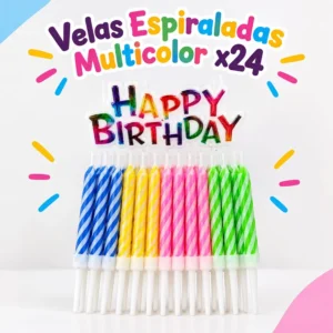 Velas Espiraladas Multicolor x24 con Cartel Happy Birthday