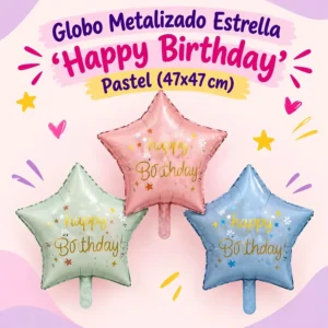 Globo Metalizado Estrella Happy Birthday Pastel 47x47 cm