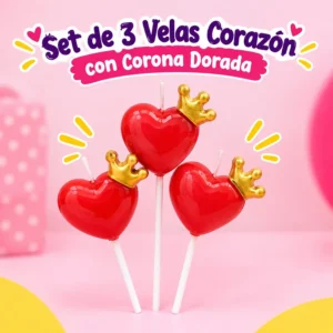 Set de 3 Velas Corazón con Corona Dorada