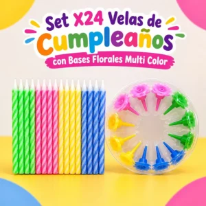 Set x24 Velas de Cumpleaños con Bases Florales Multicolor